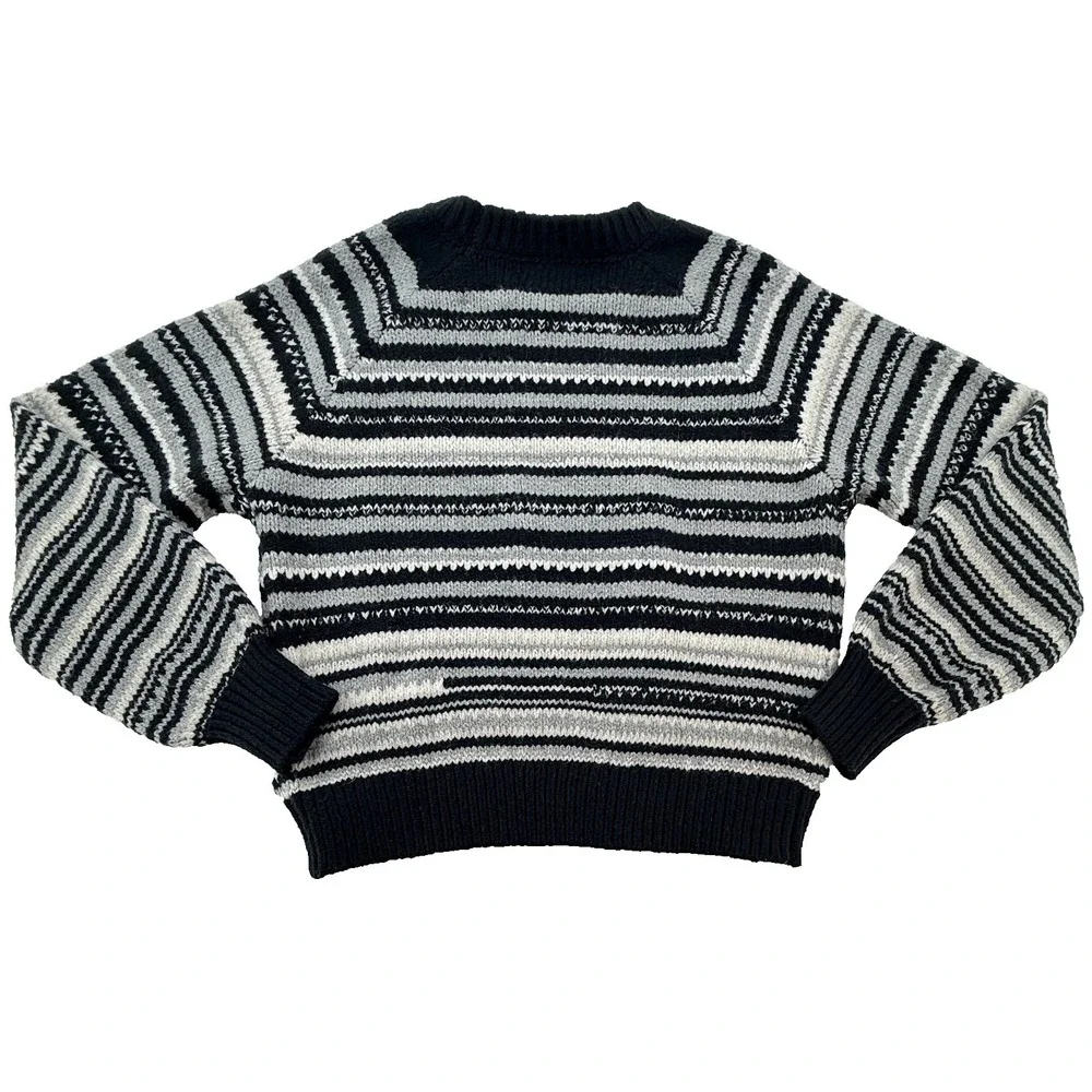 Lucky Brand Womens Striped Knit Sweater‎ Medium Black White Crewneck Textured